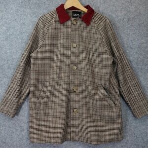 Tweed Houndstooth‎ Car Coat Mens Small Beige Check Corduroy Collared BOOHOO MAN